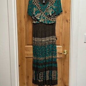 Carole Little dress with geometric design in brown and teal.